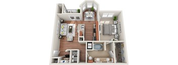 A 3D floor plan of a house with labeled rooms.