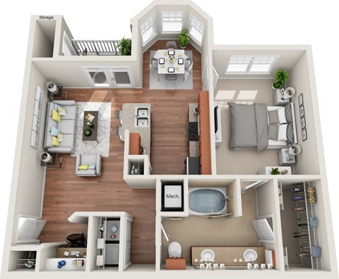 A 3D floor plan of a house with labeled rooms.