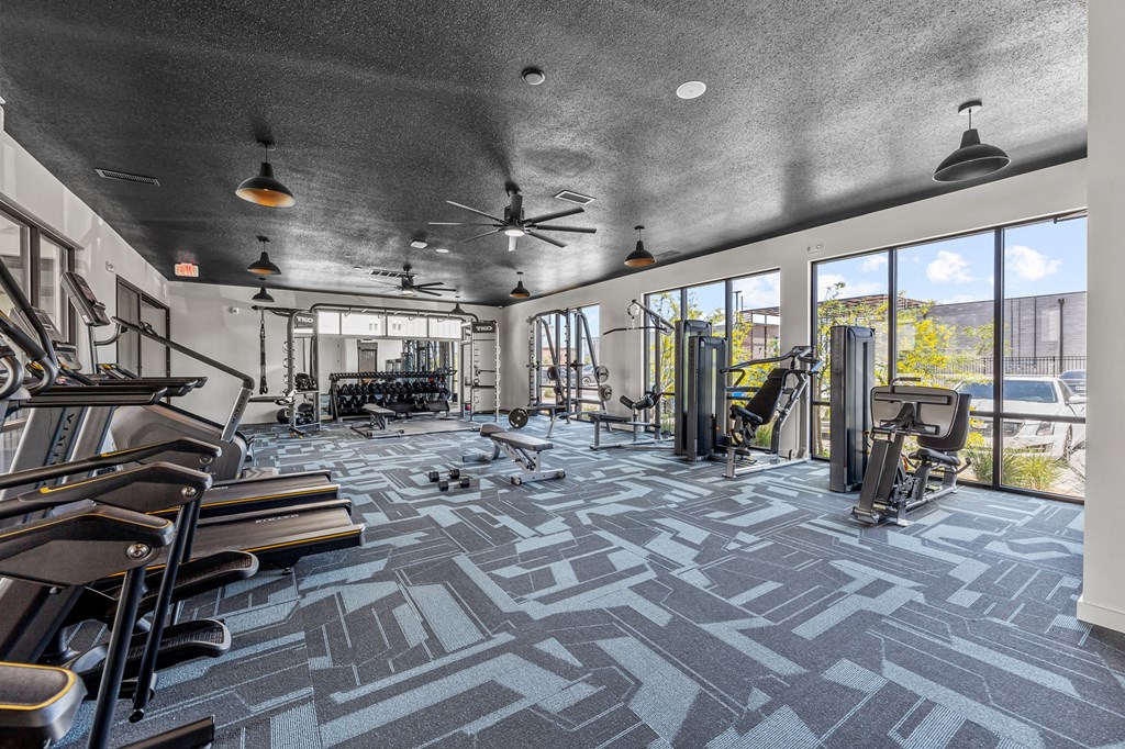 a gym with weights and cardio equipment and large windows