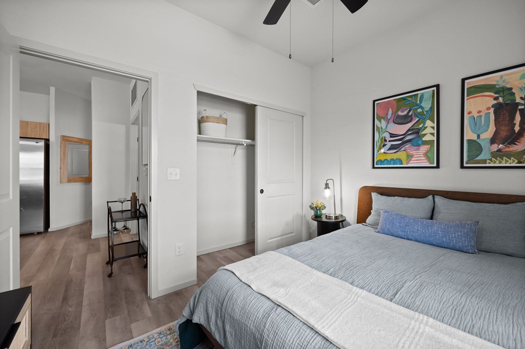 a bedroom with a bed and a closet