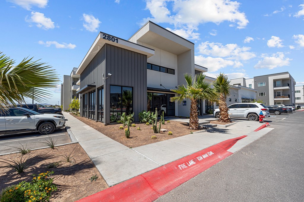 the exterior of a building with palm trees in front of it