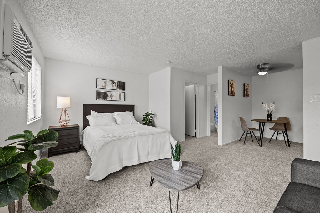 A bedroom with a bed, a couch, a table, and a plant.