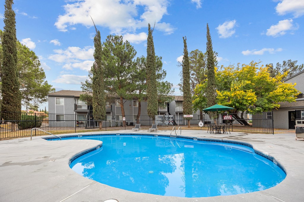 A swimming pool surrounded by trees and a fence.