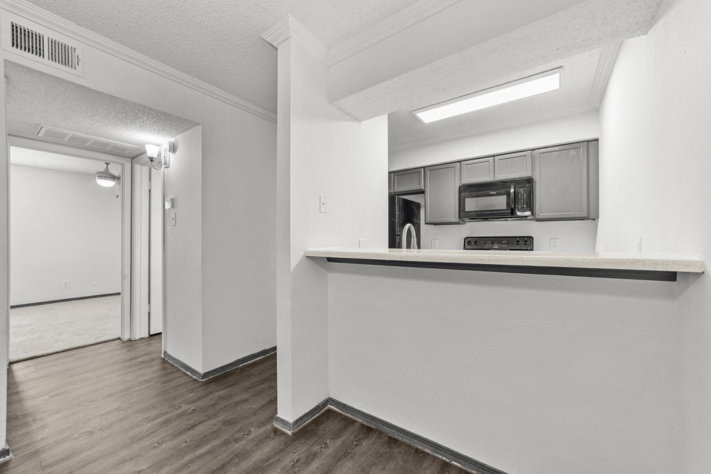 A kitchen with a counter and cabinets.