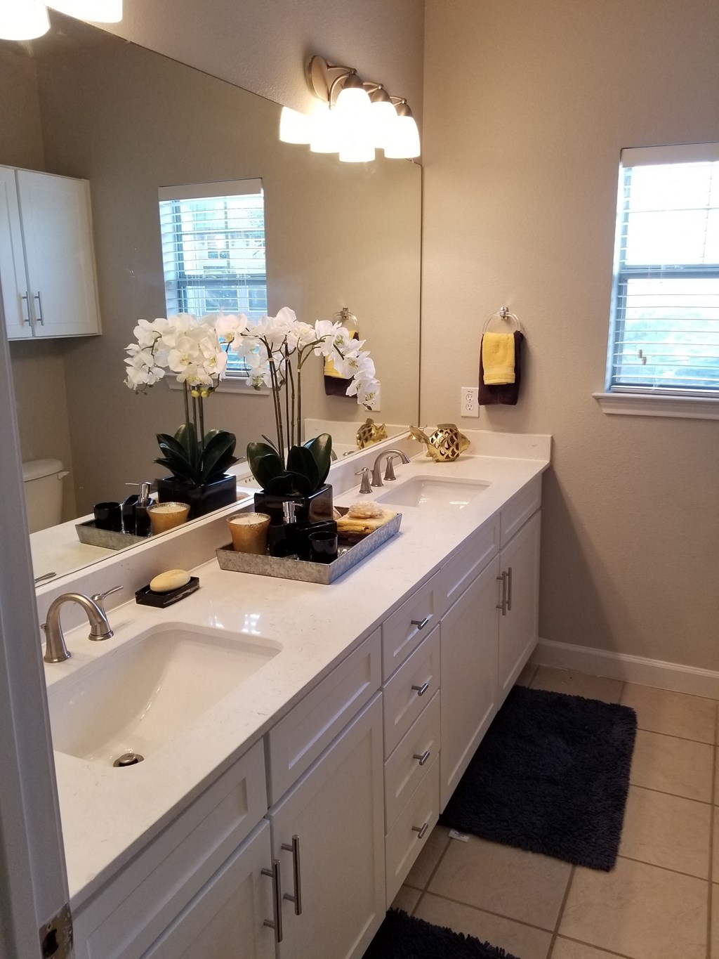 a bathroom with two sinks and a mirror