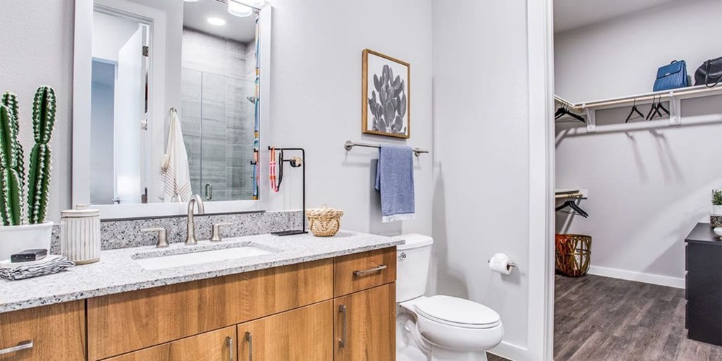 A bathroom with a white toilet and a wooden vanity.