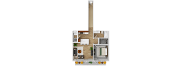 A floor plan of a house with a kitchen, living room, and bathroom.