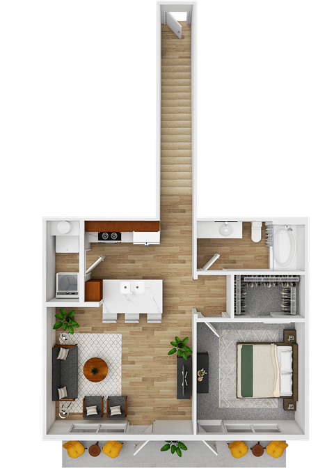 A floor plan of a house with a kitchen, living room, and bathroom.