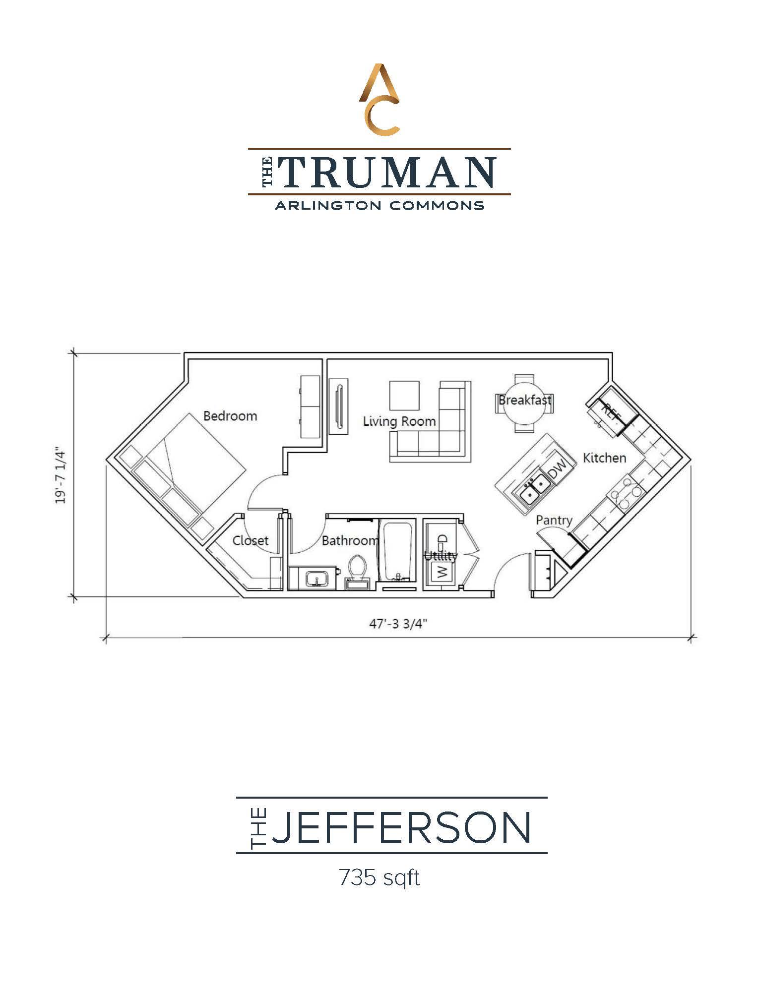 A floor plan for a 735 sq ft home with a bedroom, living room, kitchen, pantry, bathroom, and closet.