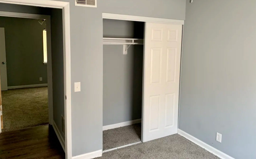 a bedroom with a closet and a white door