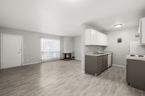 the living room and kitchen of an apartment with a wood floor and a fireplace