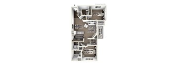 A floor plan of a two bedroom apartment with a living room, dining room, kitchen, and two bedrooms.