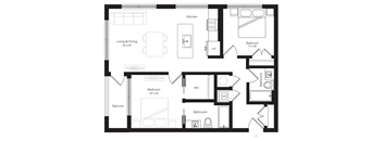 a floor plan of a living room with a bedroom and a kitchen