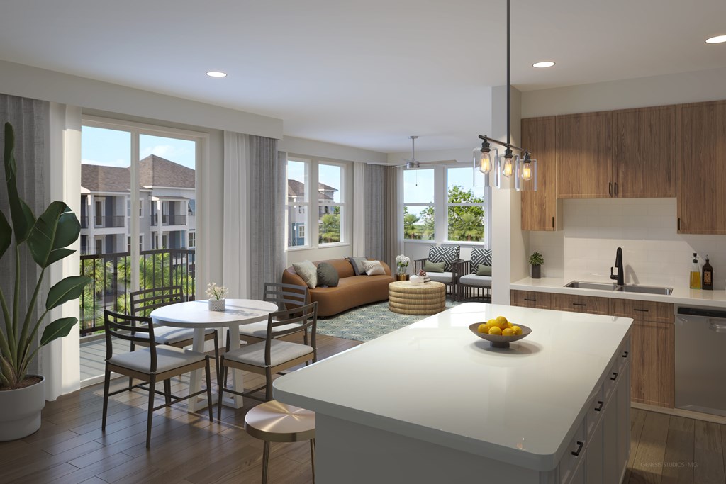 A modern kitchen with a dining table and chairs in the foreground.