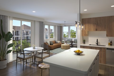 A modern kitchen with a dining table and chairs in the foreground.