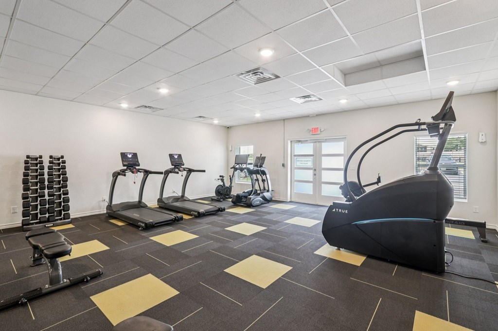 A gym with treadmills, elliptical machines, and a stationary bike.