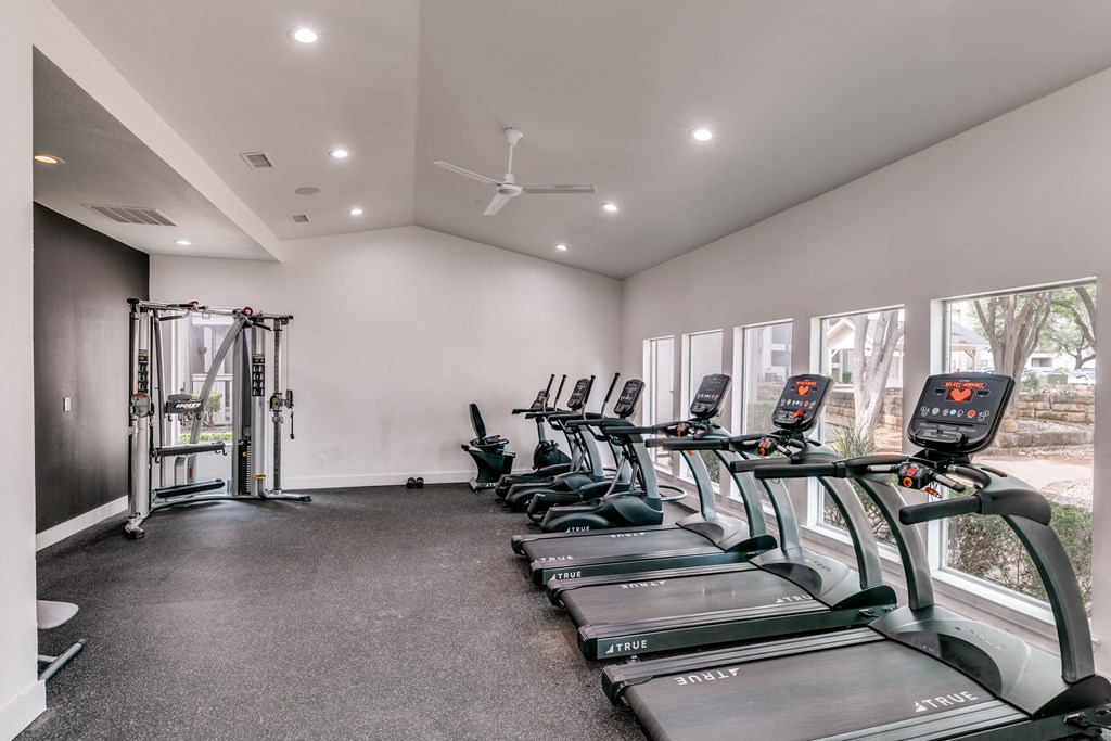 the gym has cardio machines and treadmills and large windows
