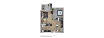 A floor plan of a small apartment with a living room, dining room, kitchen, bedroom, and bathroom.