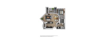 A floor plan of a small apartment with a living room, kitchen, dining room, bedroom, and bathroom.