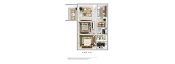 A floor plan of a small apartment with a kitchen, living room, and two bedrooms.