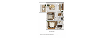 A floor plan of a small apartment with a kitchen, living room, and bedroom.