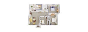 A 3D floor plan of a house with a kitchen, living room, and two bedrooms.