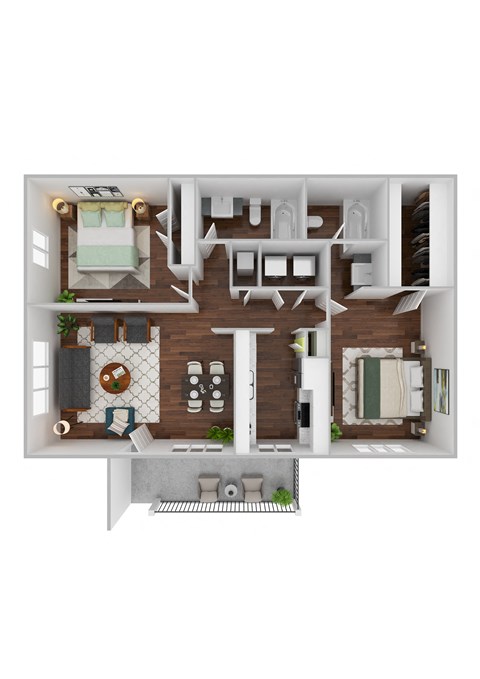a stylized floor plan with a bedroom and a bathroom
