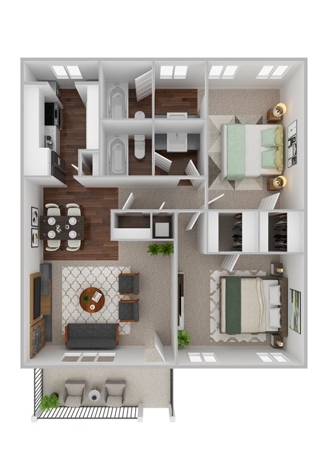 a stylized floor plan with a bedroom and a living room
