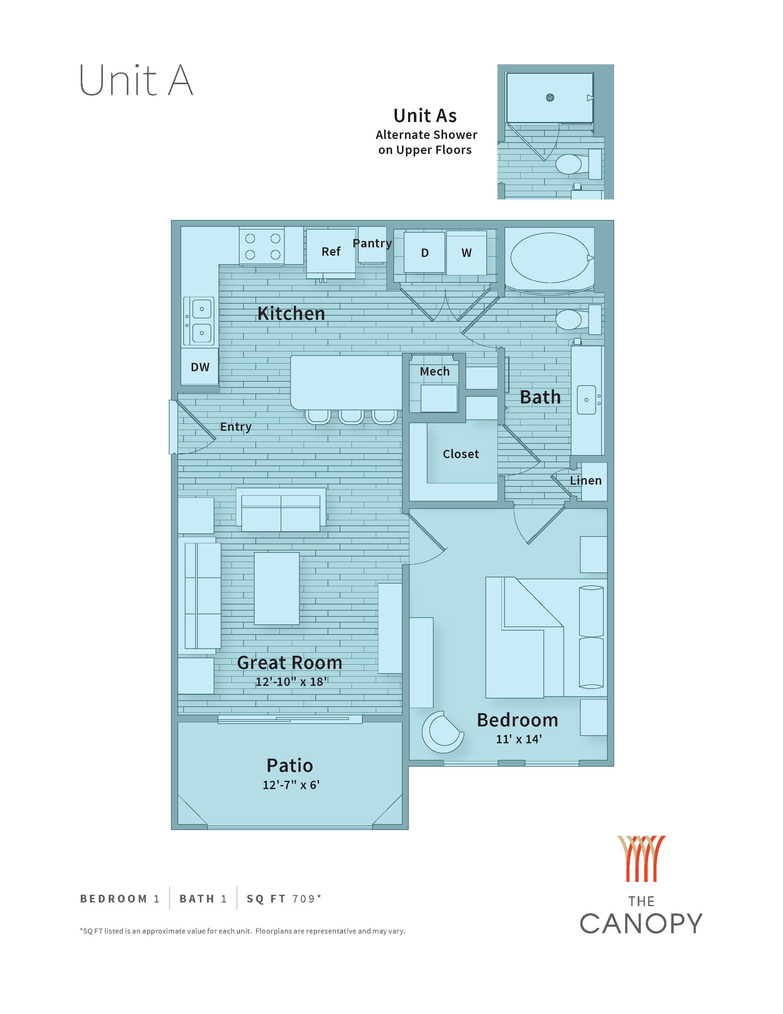 A blueprint of apartment layout with a kitchen, bathroom, and bedroom.