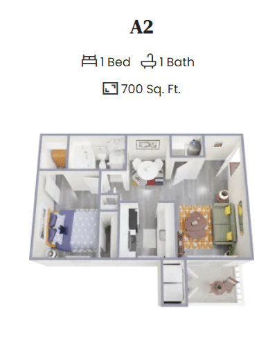 A 2 bedroom apartment with 1 bathroom and 700 sq.ft.