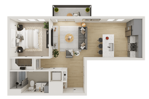 A top-down view of a modern kitchen and living room.