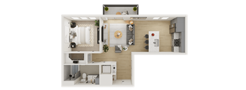 A top-down view of a modern kitchen and living room.