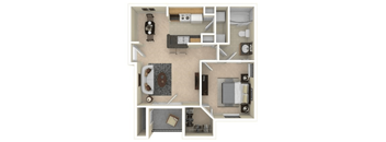 A top-down view of a small apartment with a kitchen, living room, and bathroom.