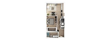A top-down view of a small apartment with a kitchen, living room, and bathroom.