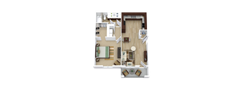 A top-down view of a small apartment with a kitchen, living room, and bathroom.