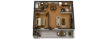 A top-down view of a two-bedroom apartment with a living room, kitchen, and bathroom.