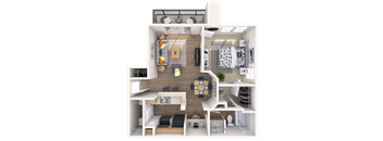 A 3D floor plan of a small apartment with a kitchen, living room, and bedroom.