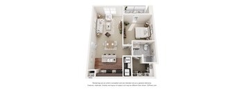 A floor plan of a house with a kitchen, living room, dining room, and bathroom.