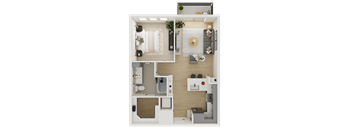 A top-down view of a small, neatly organized apartment.
