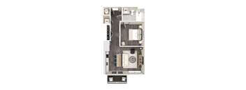 A floor plan of a small apartment with a kitchen, living room, and bathroom.