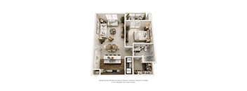 A top-down view of a well-furnished apartment with a kitchen, living room, dining area, and bedrooms.