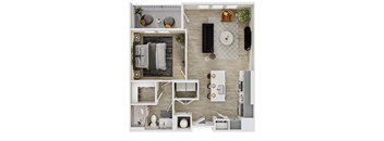 A collage of a modern bedroom, bathroom, and kitchen.