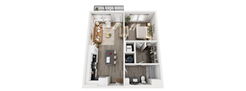 A four-panel image showing a top-down view of a small apartment layout.