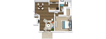 arial view of a room with furniture and a table