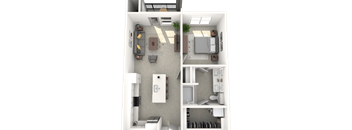 A top down view of a small apartment with a kitchen, living room, and bedroom.
