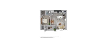 A floor plan of a small apartment with a living room, kitchen, and bathroom.