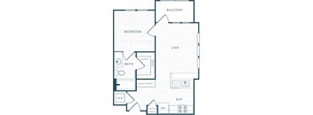 A floor plan of an apartment with a bedroom, bathroom, living room, eat-in area, and pantry.