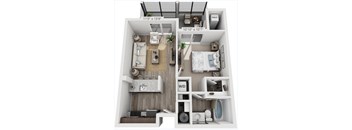 A floor plan of a small apartment with two bedrooms and a living area.