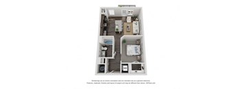 A 3D floor plan of a small apartment with a kitchen, living room, and bedroom.