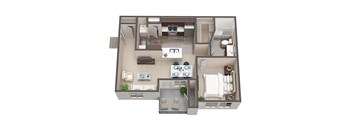A 3D floor plan of a house with a kitchen, living room, dining room, and bathroom.